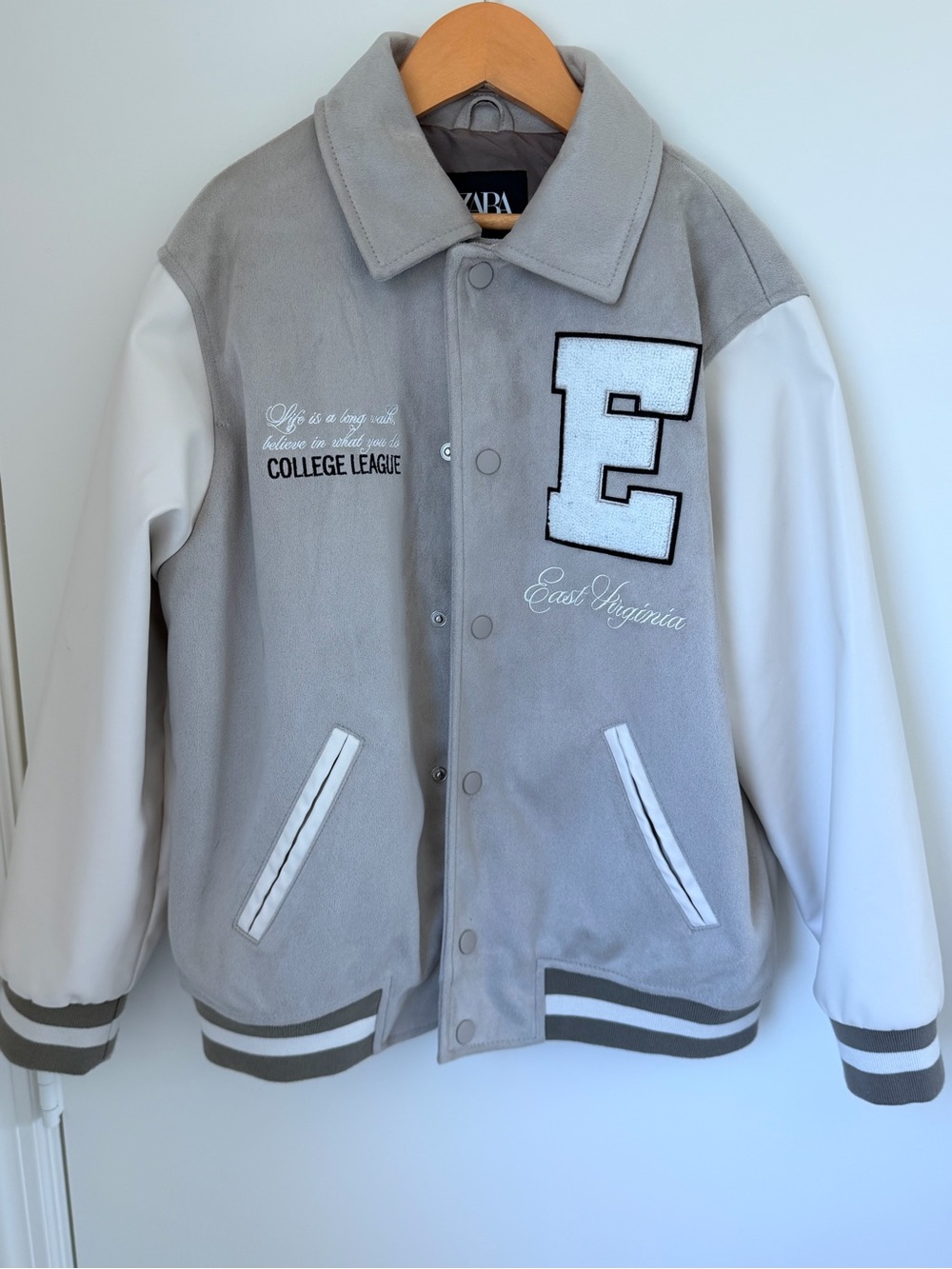 Zara Gray & White boys Bomber Jacket - East Virginia Letterman Style Size 9/10